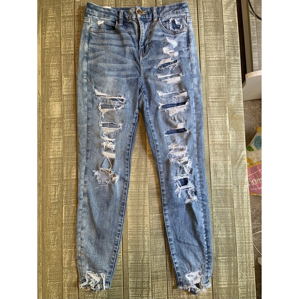 American Eagle Jeans Women's 4 Blue Curvy High‎ Rise Jegging Distressed Stretch